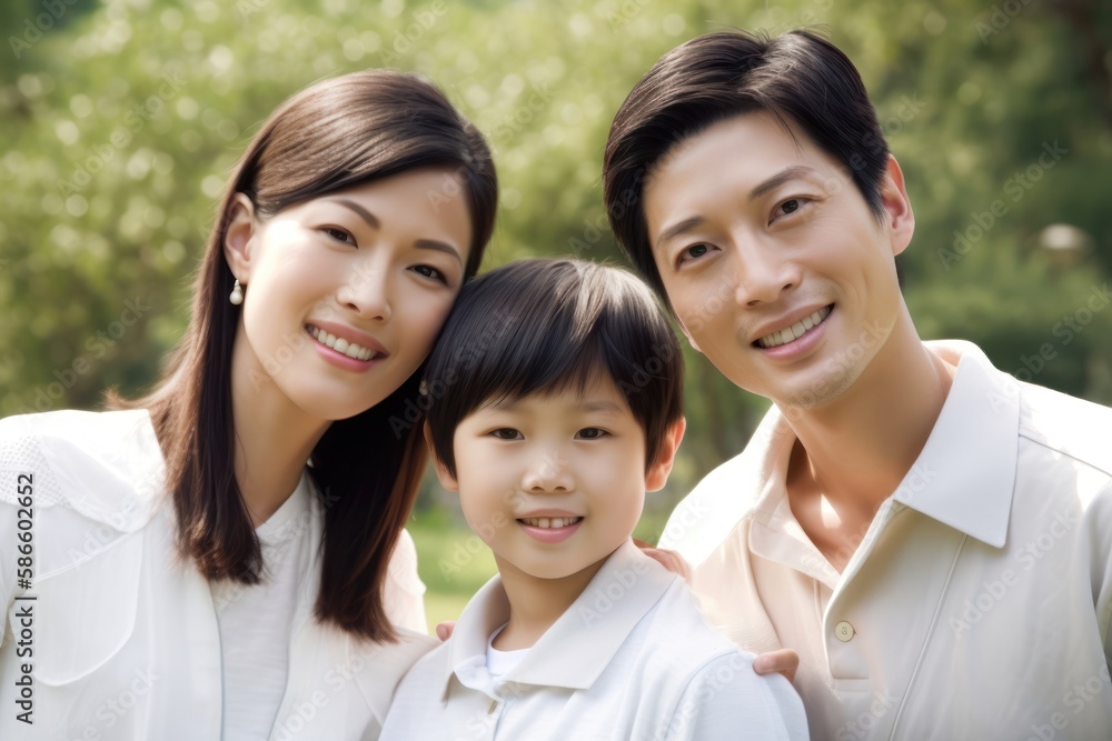 Happy family portrait. Father mother and kid smiling. Generative AI Happy family portrait. Father mother and kid smiling. Generative AI