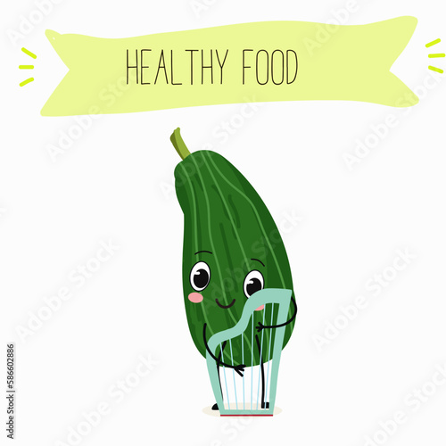 Illustration with funny characters zucchini, squash, courgette, legs, joy, marrow,
daikon. Funny and healthy food. Vitamins, cute face food, ingredients, vegetarian, vector cartoon, agriculture, raw.