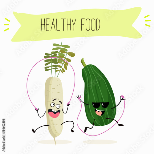 Illustration with funny characters zucchini, squash, courgette, legs, joy, marrow,
daikon. Funny and healthy food. Vitamins, cute face food, ingredients, vegetarian, vector cartoon, agriculture, raw.