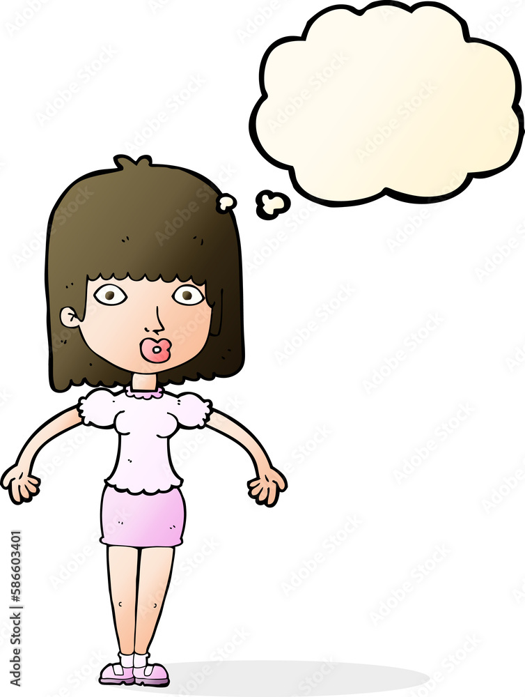 cartoon woman shrugging shoulders with thought bubble cartoon woman shrugging shoulders with thought bubble