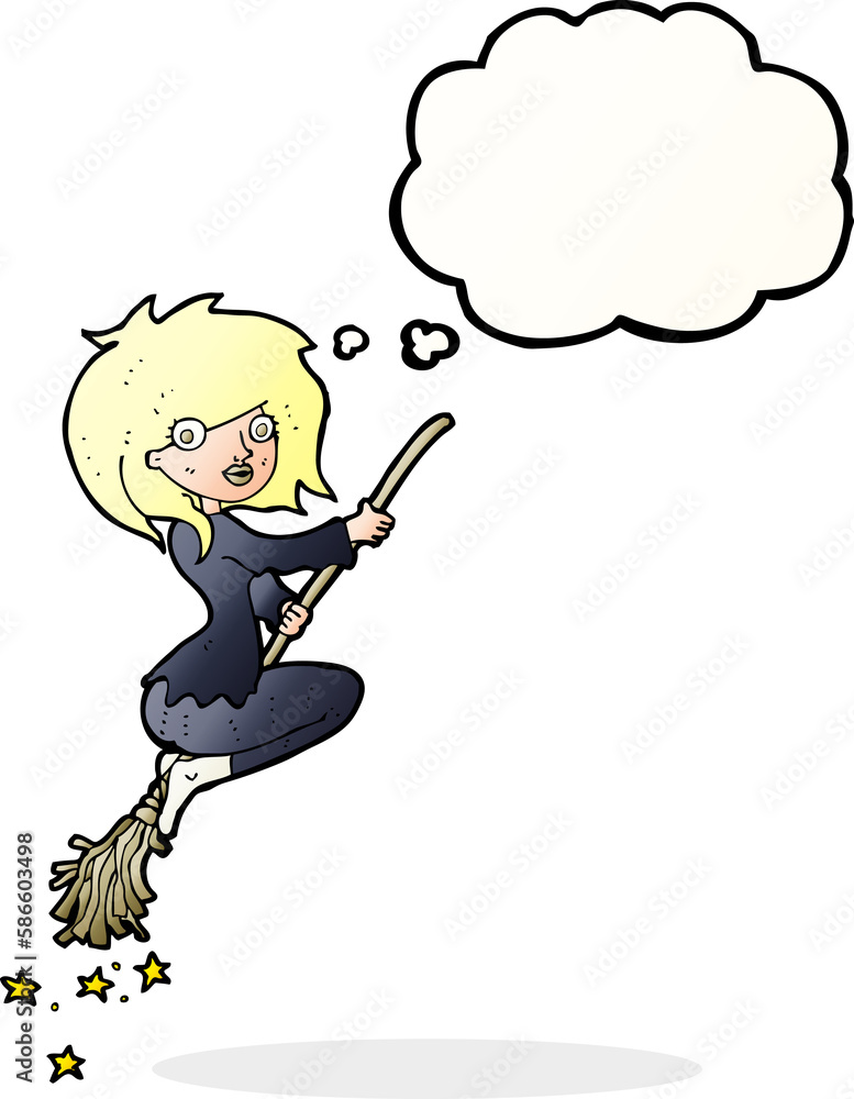 cartoon witch riding broomstick with thought bubble cartoon witch riding broomstick with thought bubble