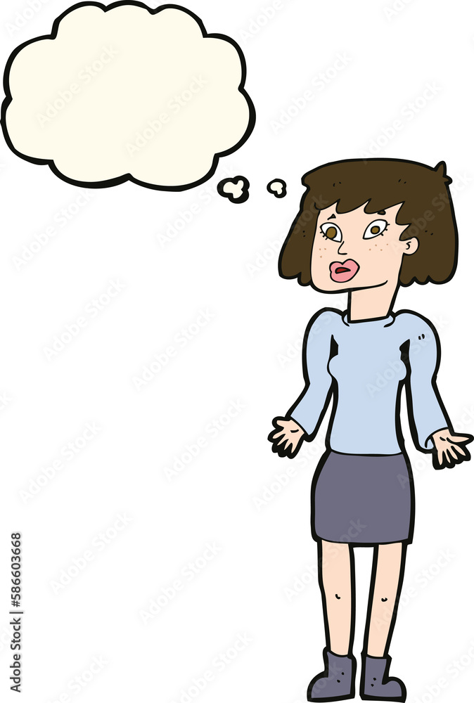 cartoon woman shrugging shoulders with thought bubble cartoon woman shrugging shoulders with thought bubble