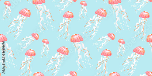 Underwater world with hand drawing jellyfish seamless pattern, concept of summer, sea, and ocean background design photo