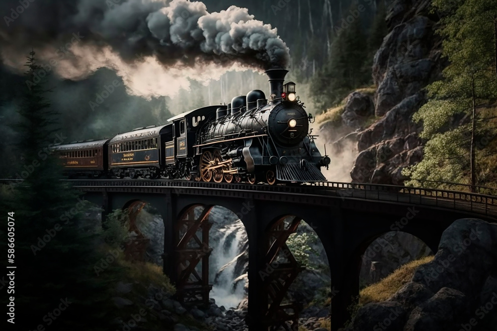 Fototapeta premium A vintage train rides the rails on a bridge letting off steam, a retro trip overlooking a green forest. Generative AI