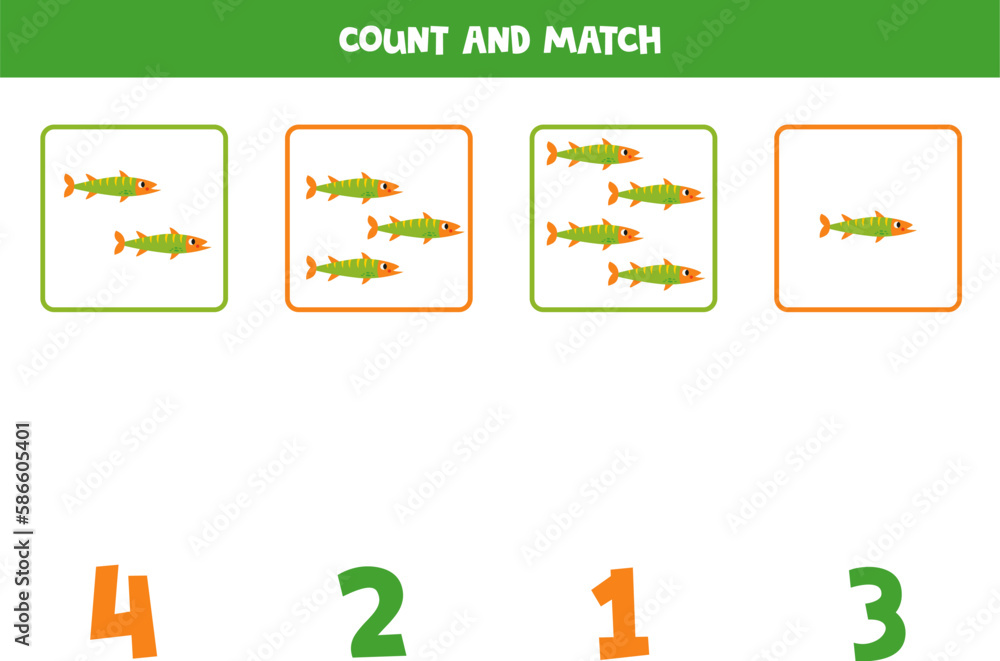 Counting game for kids. Count all barracuda fish and match with numbers. Worksheet for children. Counting game for kids. Count all barracuda fish and match with numbers. Worksheet for children.