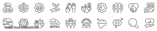 Line icons about Environmental Social Governance. Thin line icon set. Symbol collection in transparent background. Editable vector stroke. 512x512 Pixel Perfect.