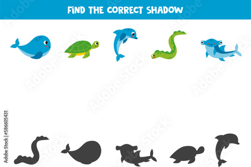 Find the correct shadows of cute sea animals. Logical puzzle for kids. © Milya Shaykh