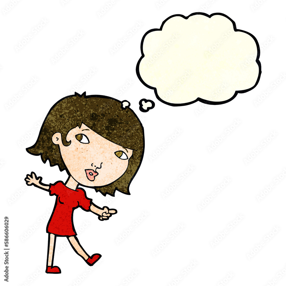 cartoon happy girl gesturing to follow with thought bubble cartoon happy girl gesturing to follow with thought bubble