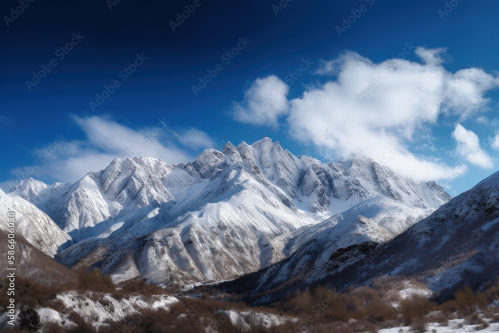 Snow-Covered Mountains and Bright Blue Sky in Panoramic Winter Landscape