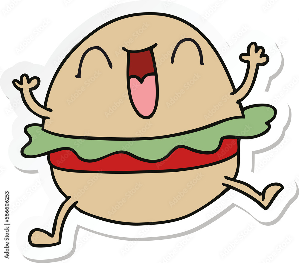 sticker of a quirky hand drawn cartoon happy veggie burger sticker of a quirky hand drawn cartoon happy veggie burger