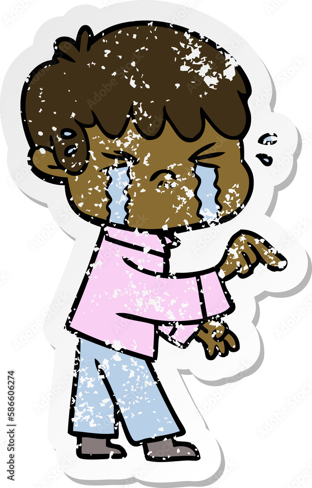 distressed sticker of a crying boy cartoon distressed sticker of a crying boy cartoon