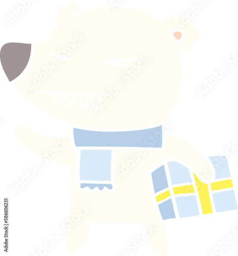 Fototapeta Naklejka Na Ścianę i Meble -  flat color style cartoon angry polar bear with xmas present