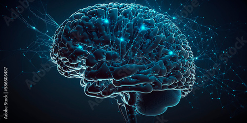Brain. Low poly abstract digital human brain. Neural network. IQ testing, artificial intelligence virtual emulation science technology concept. Brainstorm think idea. Generative AI