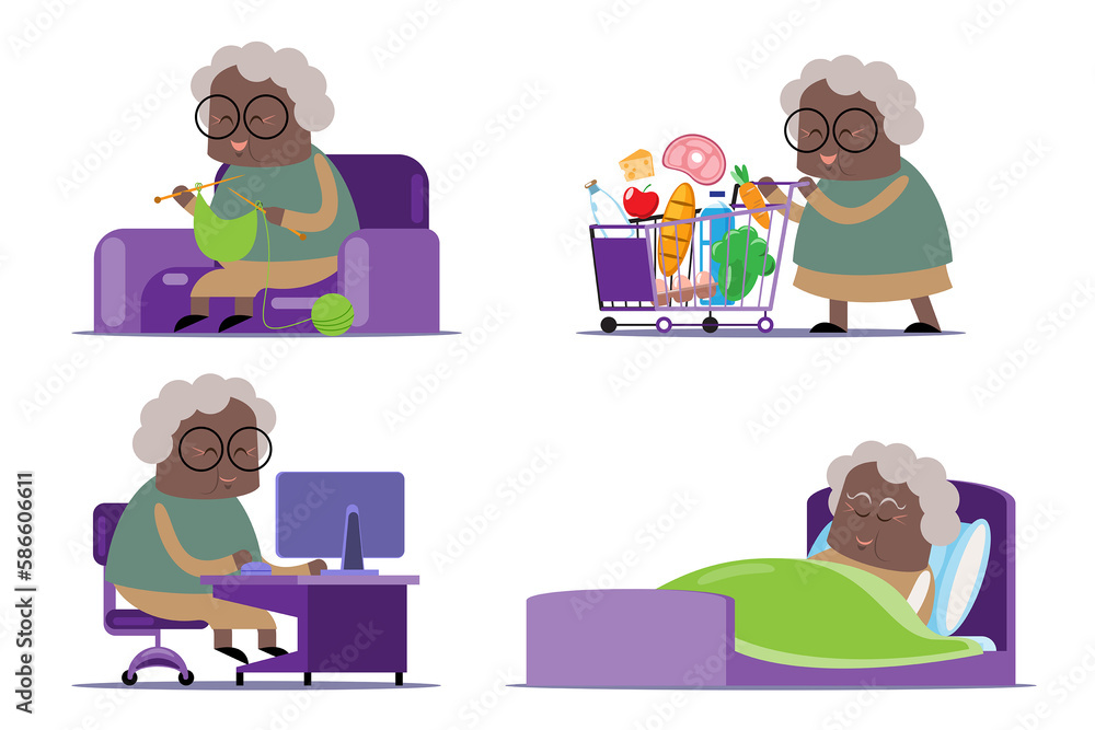 emotion cute vector, illustration flat cartoon character lifestyle senior woman do hobby knitting ,work ,chat online, sleep at home and shopping at supermarket.