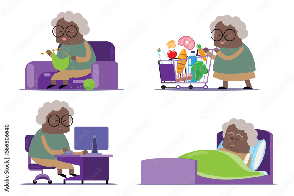 emotion cute vector, illustration flat cartoon character lifestyle senior woman do hobby knitting ,work ,chat online, sleep at home and shopping at supermarket.