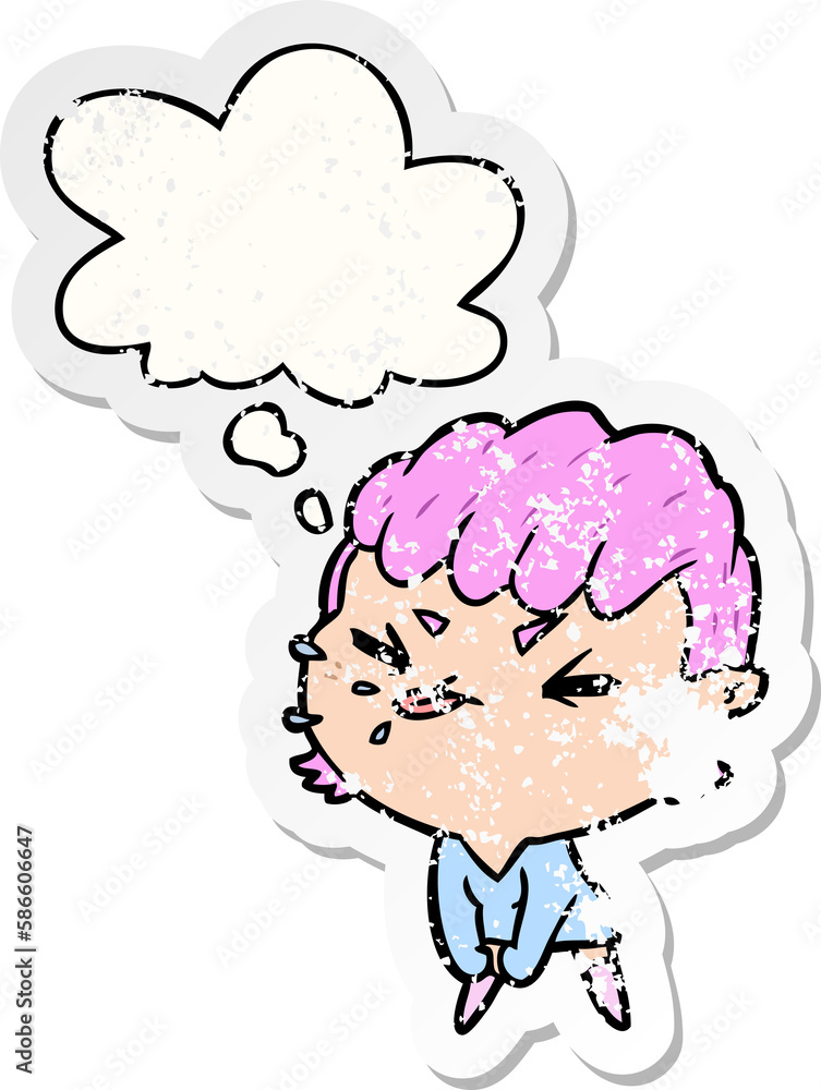 cartoon rude girl and thought bubble as a distressed worn sticker cartoon rude girl and thought bubble as a distressed worn sticker