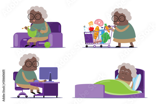 Obraz na płótnie emotion cute vector, illustration flat cartoon character lifestyle senior woman do hobby knitting ,work ,chat online, sleep at home and shopping at supermarket. w salonie