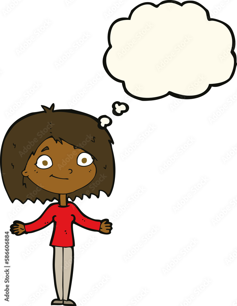 cartoon woman shrugging shoulders with thought bubble cartoon woman shrugging shoulders with thought bubble