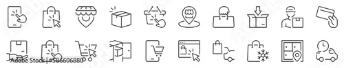 Line icons about shopping online, click and collect, thin line icon set. Symbol collection in transparent background. Editable vector stroke. 512x512 Pixel Perfect.