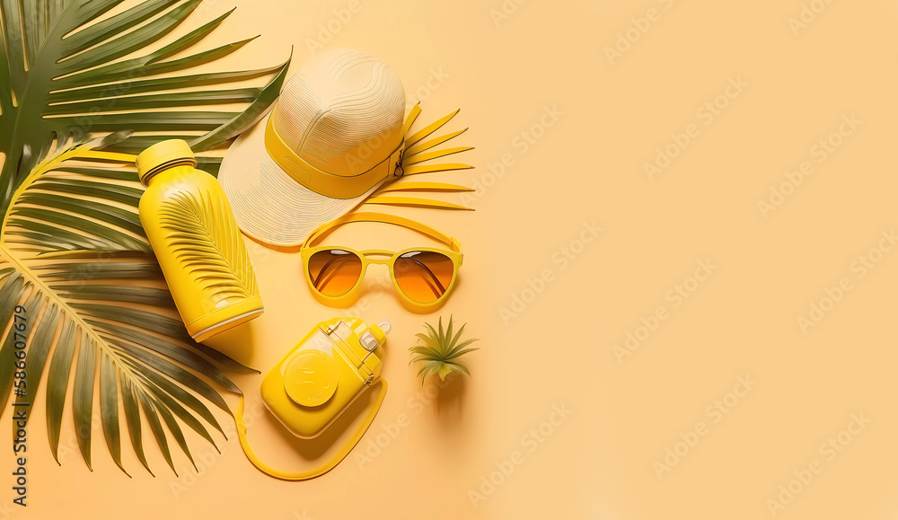 Fototapeta premium Palm branches, hat, sunblock and glasses on a yellow background. Rest. Banner. generated by AI