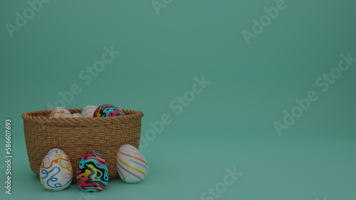 easter eggs on basket 3d illustration
