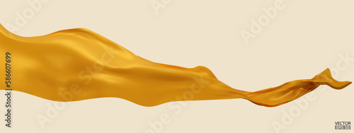 Flying yellow silk textile fabric flag background. Smooth elegant yellow Satin Isolated on beige Background for grand opening ceremony. Yellow curtain. 3d vector illustration.