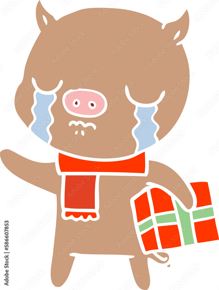 flat color style cartoon pig crying over christmas present flat color style cartoon pig crying over christmas present
