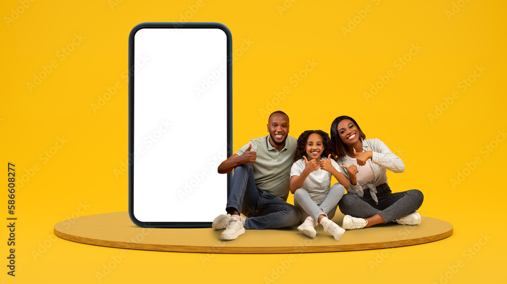 Smiling african american millennial family with teen daughter show thumbs up gesture