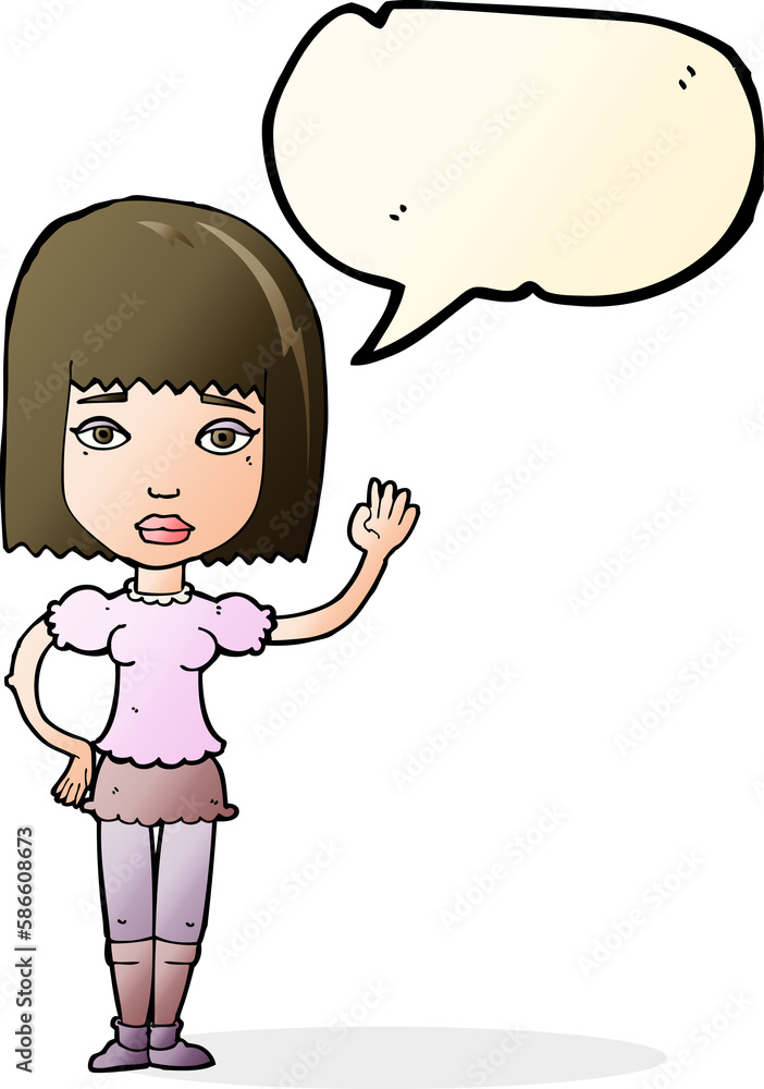 cartoon woman waving with speech bubble cartoon woman waving with speech bubble