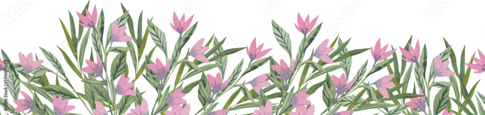 Floral border seamless pattern. Cute horizontal banner with hand drawn spring flowers. Vector illustration
