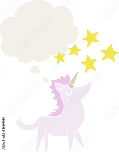 cartoon unicorn and thought bubble in retro style