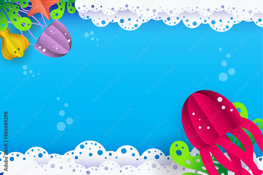 Summer marine banner with sea animals. Cartoon background