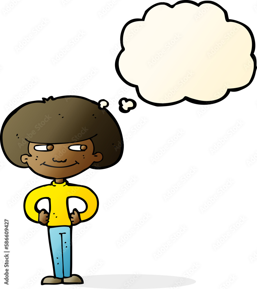 cartoon boy with hands on hips with thought bubble cartoon boy with hands on hips with thought bubble