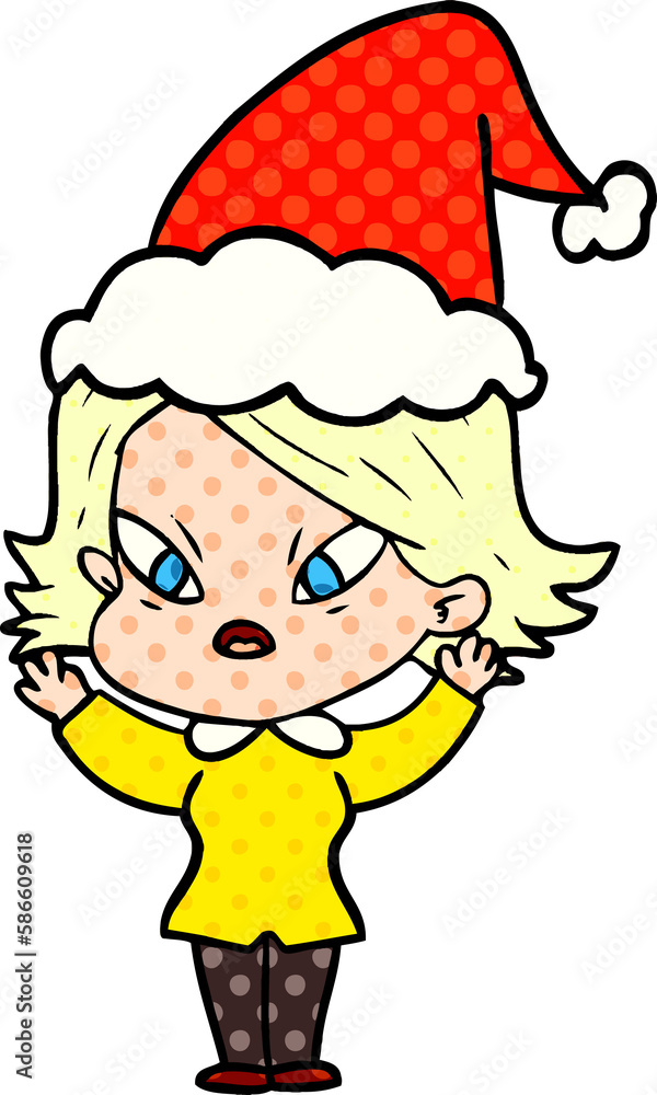 comic book style illustration of a stressed woman wearing santa hat comic book style illustration of a stressed woman wearing santa hat