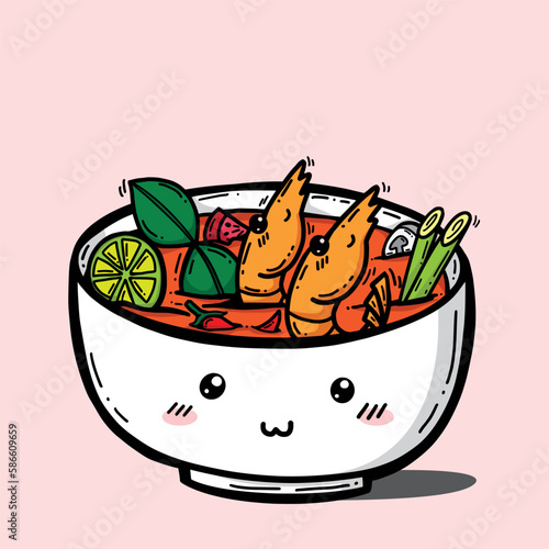 Tom Yum Goong or Tom Yum Kung (Thai Spicy Shrimp Soup), a world-famous Thai dish menu from street food . Regional Thai food cute cartoon vector illustration isolated on pink background