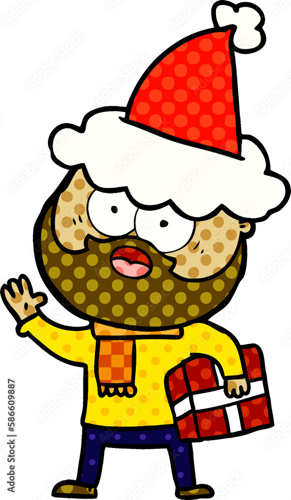 comic book style illustration of a bearded man with present wearing santa hat comic book style illustration of a bearded man with present wearing santa hat