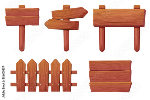 Set of wooden tablets, textured panels, signboards with pointer, fence with nails in cartoon style isolated on white background. Rustic board, plank with place. Ui game assets