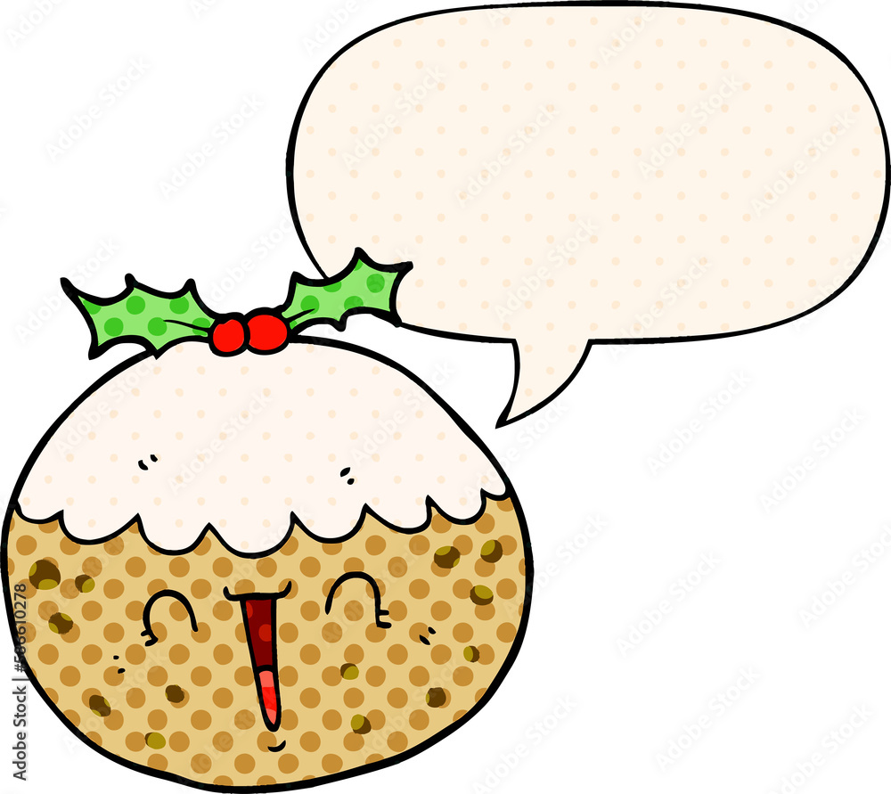 cute cartoon christmas pudding and speech bubble in comic book style cute cartoon christmas pudding and speech bubble in comic book style