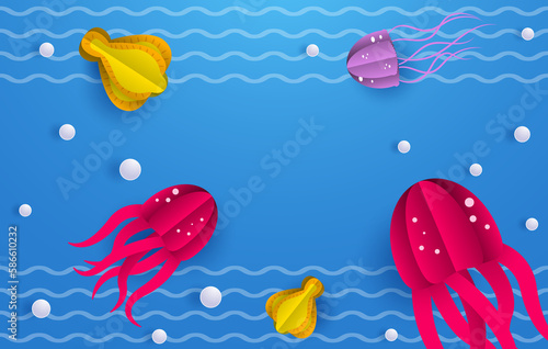 Summer marine banner with sea animals. Cartoon background