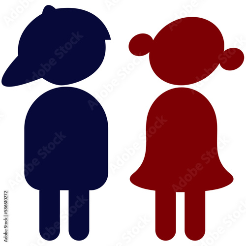 affiche pour indiquer aux enfants ou se trouve les toilette représenté par deux enfant un garçon en bleu foncé et une fille en rouge