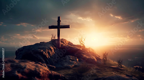 calvary sunset background for good friday he is risen; generative AI