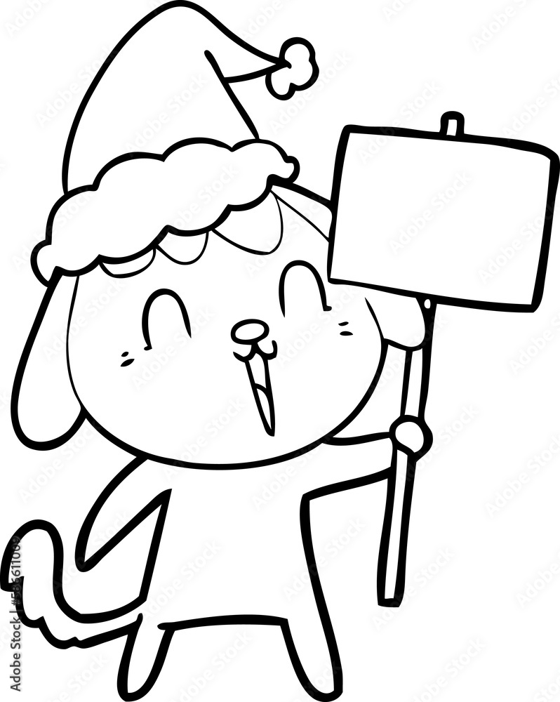 Fototapeta premium cute line drawing of a dog wearing santa hat