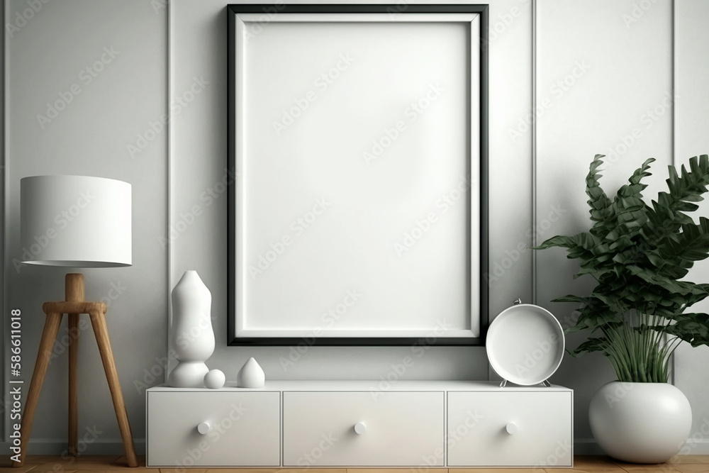 mockup poster frame in minimalist modern interior; generative AI mockup poster frame in minimalist modern interior; generative AI