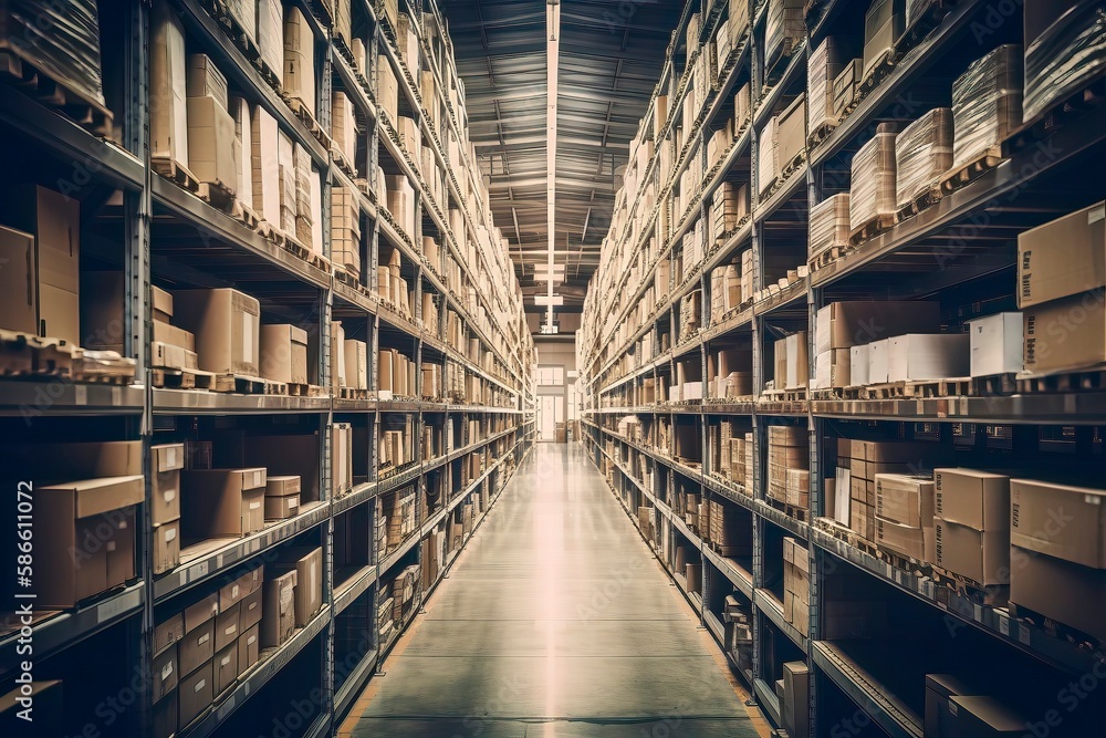 interior of an warehouse full of Spaces and high rising self Where the products are stocked. Generative AI interior of an warehouse full of Spaces and high rising self Where the products are stocked. Generative AI
