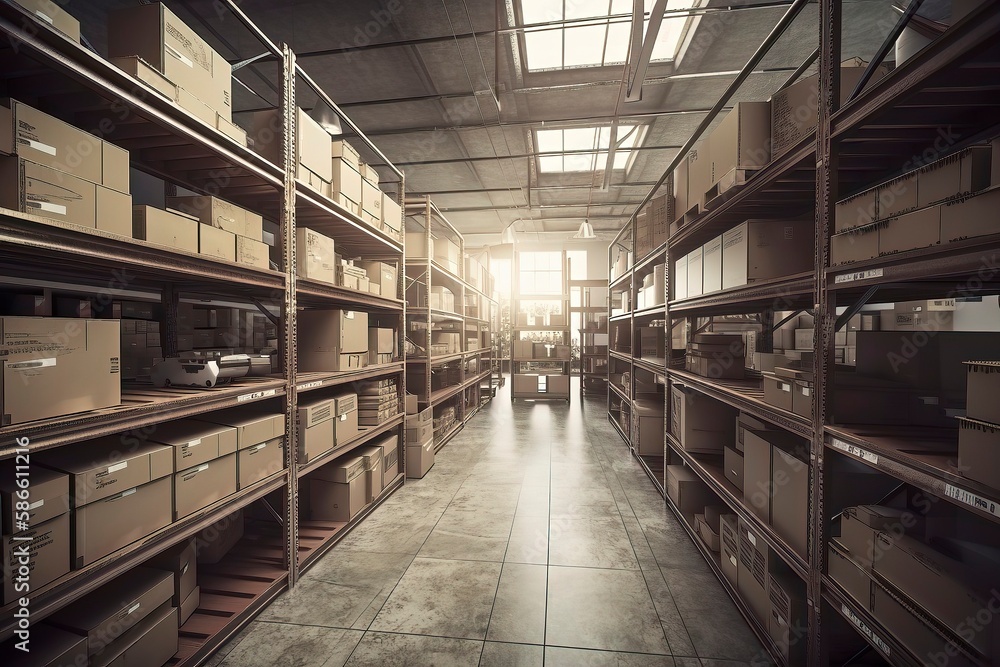 interior of an warehouse full of Spaces and high rising self Where the products are stocked. Generative AI interior of an warehouse full of Spaces and high rising self Where the products are stocked. Generative AI