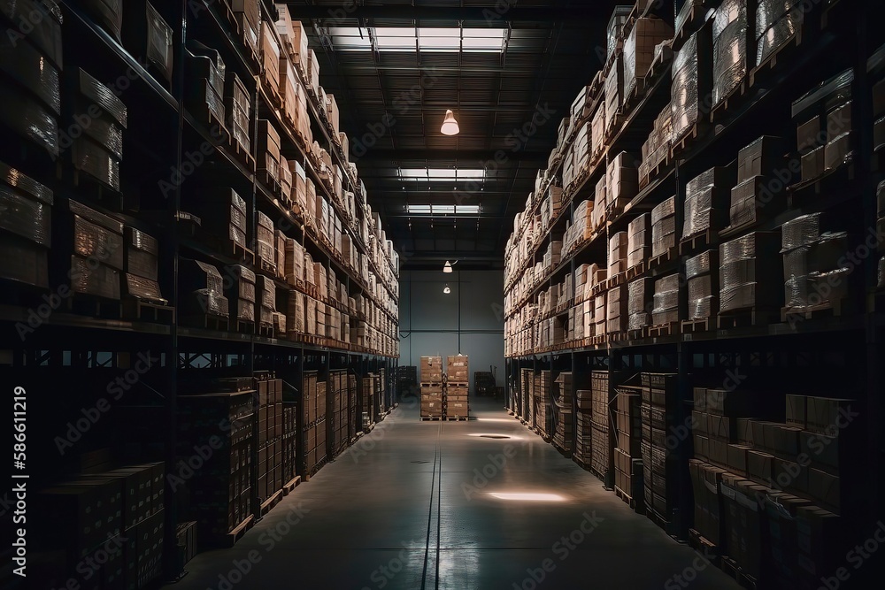 interior of an warehouse full of Spaces and high rising self Where the products are stocked. Generative AI interior of an warehouse full of Spaces and high rising self Where the products are stocked. Generative AI