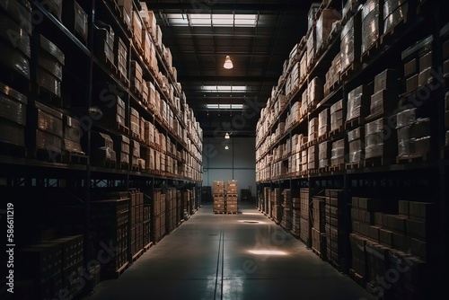 interior of an warehouse full of Spaces and high rising self Where the products are stocked. Generative AI