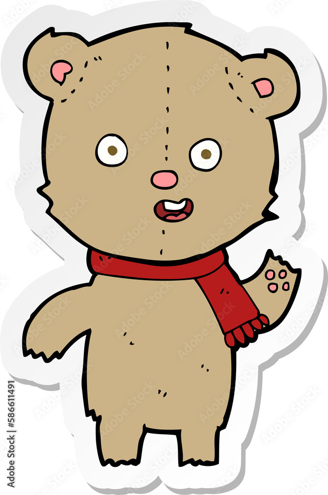 sticker of a cartoon waving teddy bear with scarf sticker of a cartoon waving teddy bear with scarf