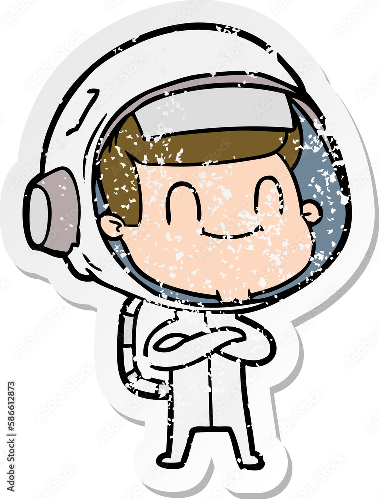 distressed sticker of a happy cartoon astronaut