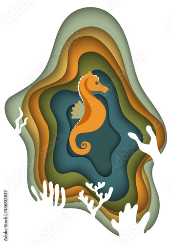 Abstract background with color waves, paper art illustration liquid figures, corals and sea horse. Dynamic color shapes. Vector design layout for banners presentations, flyers, posters and invitations photo